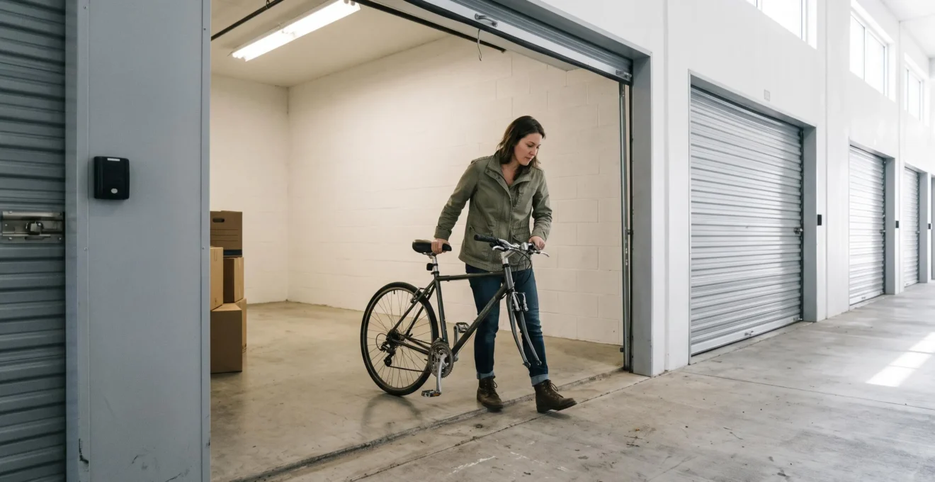 Une femme entre un vélo démonté dans un box de stockage spacieux.
