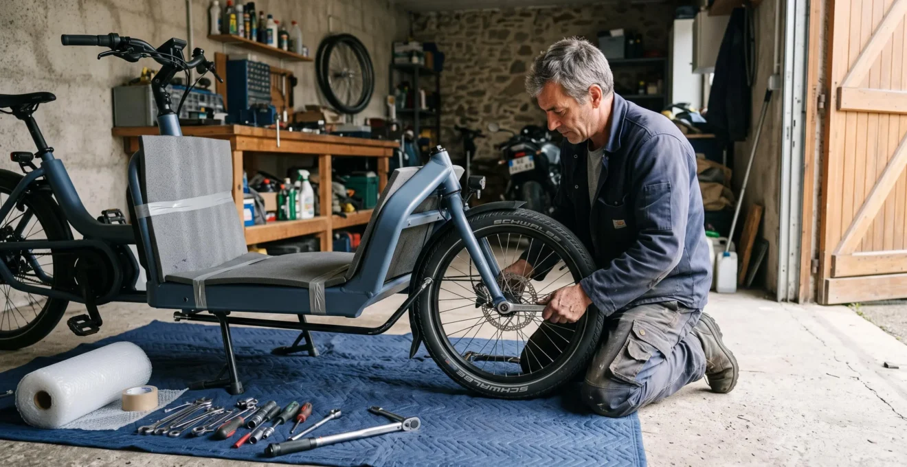 Un homme démonte la roue avant d'un vélo cargo dans un garage avant le transfert.