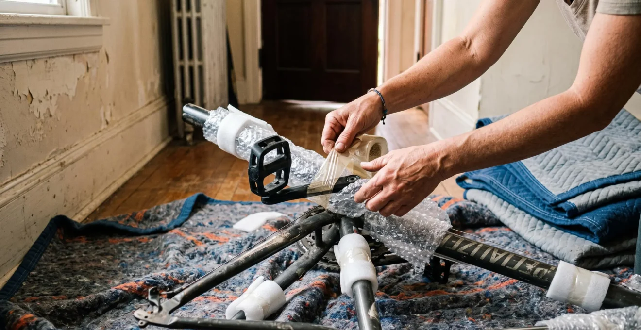 Des mains protègent le cadre d'un vélo avec du film à bulles.
