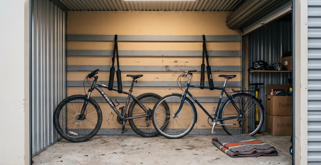 Deux vélos attachés verticalement avec des sangles dans un box de stockage.